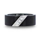 LIAM ~ Flat Black Satin Finished Tungsten Carbide with Diagonal Diamonds Set in Stainless Steel
