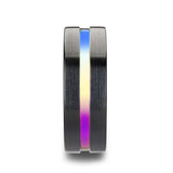 Azure Flat Black Ceramic Ring Brushed With Rainbow Groove - Mens Rings