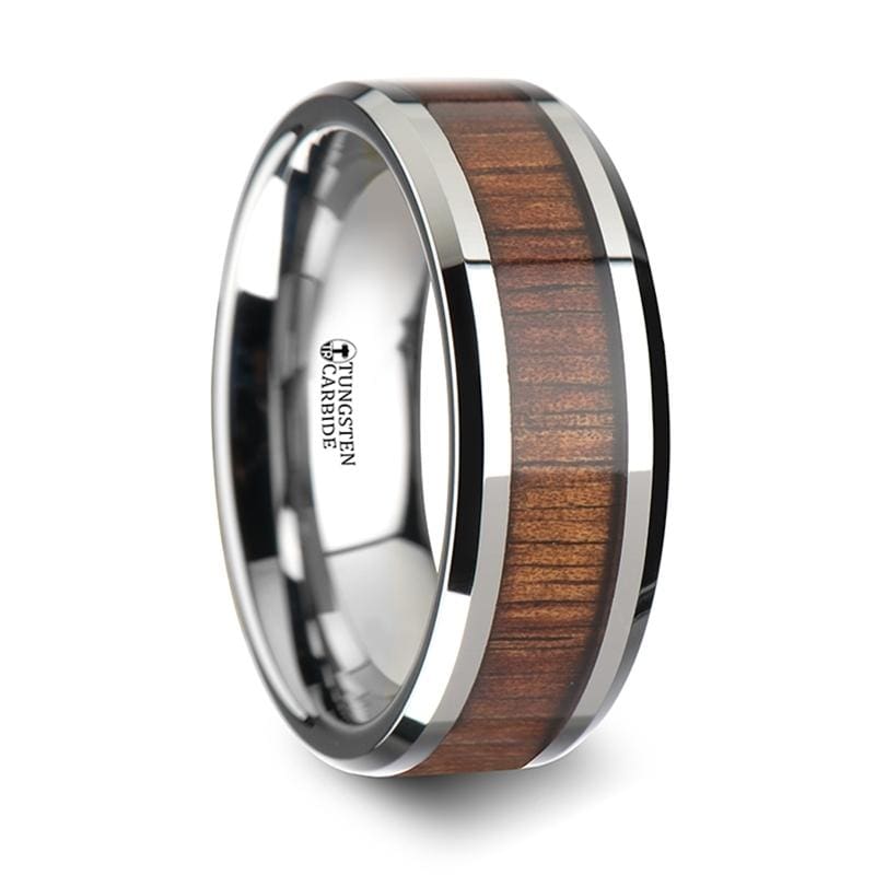 Kona Koa Wood Inlay Tungsten Carbide Ring With Bevels - Mens Rings