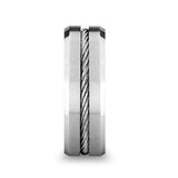 Lannister Mens Tungsten Flat Wedding Band With Steel Wire Cable Inlay & Beveled Edges - Mens Rings
