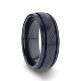 SHERIFF Domed Black Titanium Brushed Finish Men’s Wedding Ring with Blue Grooves – 8mm