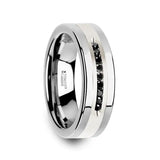 BLACKSTONE Flat Tungsten Wedding Band with Brushed Silver Inlay Center and 9 Channel Set Black Diamond