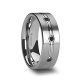 ROYALE Satin Finished Tungsten Ring with Polished Grooved Center and Triple Black Diamonds