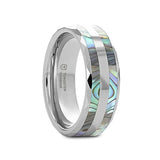 PAUA Double Mother of Pearl Shell Inlay Faceted Tungsten Ring With Beveled Polished Edges