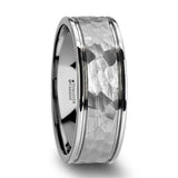 THORNTON Hammered Finish Center White Tungsten Carbide Wedding Band with Dual Offset Grooves and Polished Edges