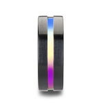 Azure Flat Black Ceramic Ring Brushed With Rainbow Groove - Mens Rings