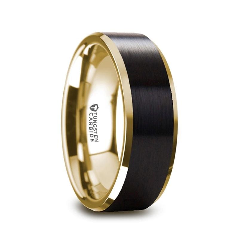 Gaston Gold Plated Tungsten Polished Beveled Ring With Brushed Black Center - Mens Rings
