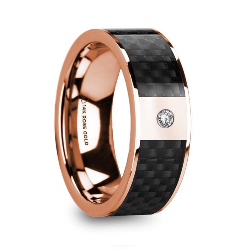 Hermeros Black Carbon Fiber Inlaid 14K Rose Gold Polished Ring With Diamond Accent - Mens Rings