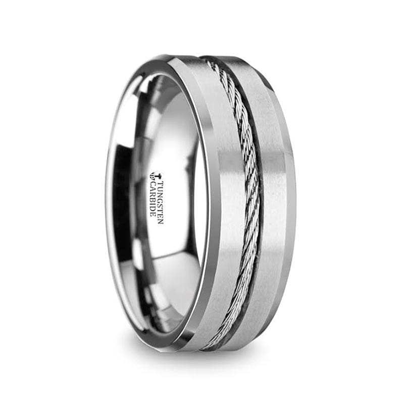 Lannister Mens Tungsten Flat Wedding Band With Steel Wire Cable Inlay & Beveled Edges - Mens Rings