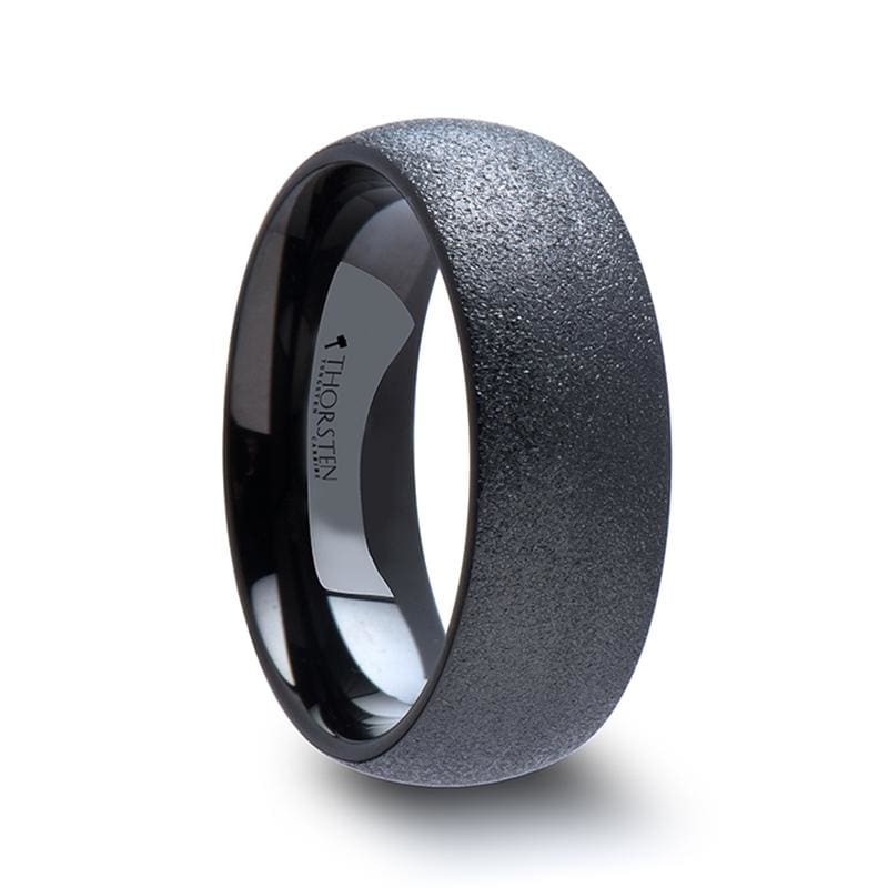 Obsidian Domed Black Tungsten Carbide Ring With Sandblasted Crystalline Finish - Mens Rings