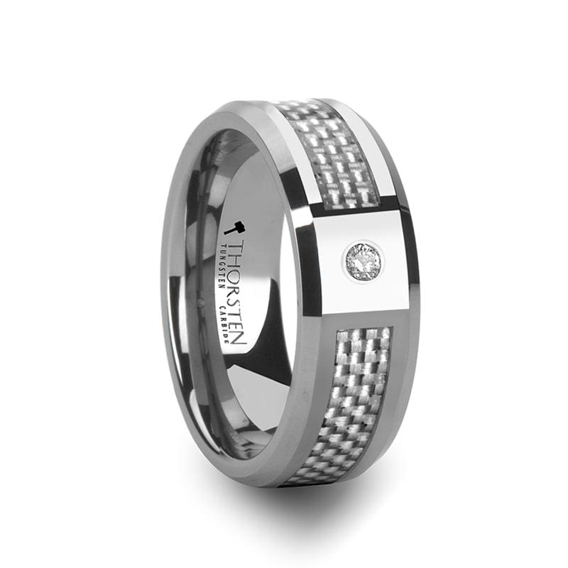 Royce Tungsten Carbide Ring With White Carbon Fiber And White Diamond - Mens Rings