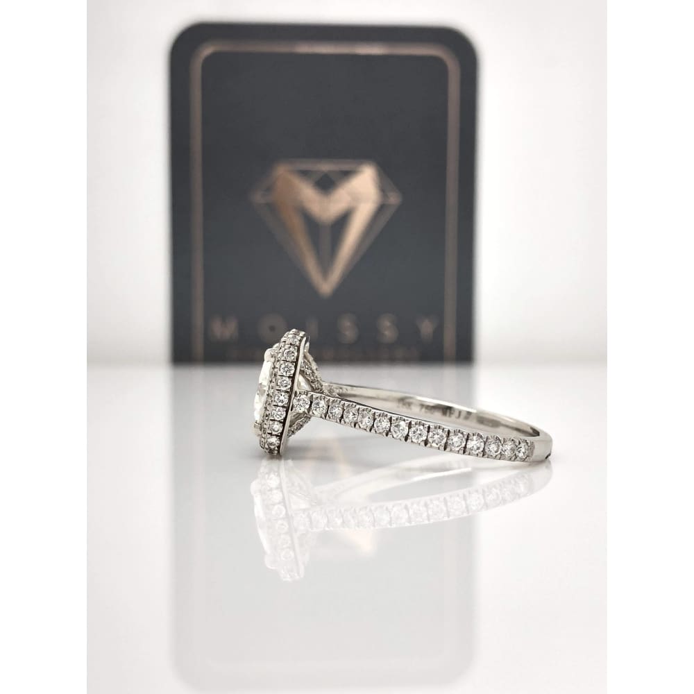 Savannah ~ 18Kw 7.5Mm Cushion Charles & Colvard Moissanite Diamond Halo And Band - Ring