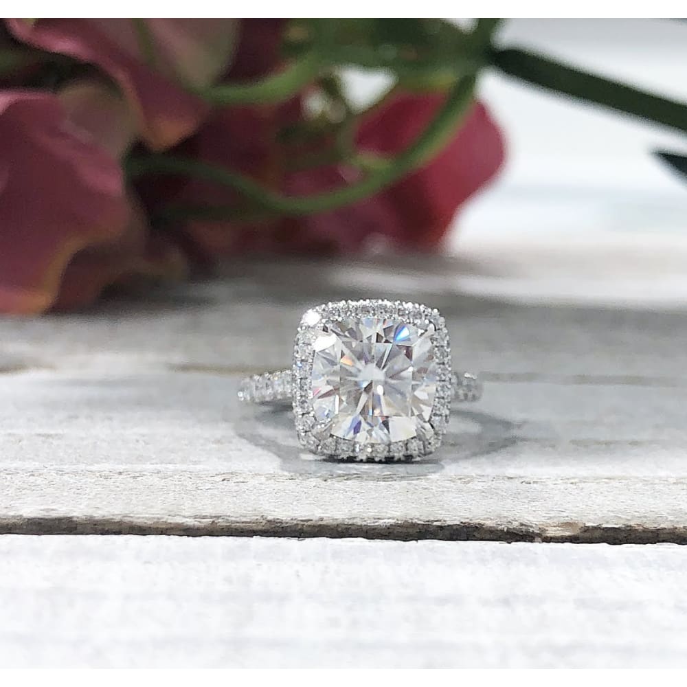 Savannah ~ 18Kw 7.5Mm Cushion Charles & Colvard Moissanite Diamond Halo And Band - Ring