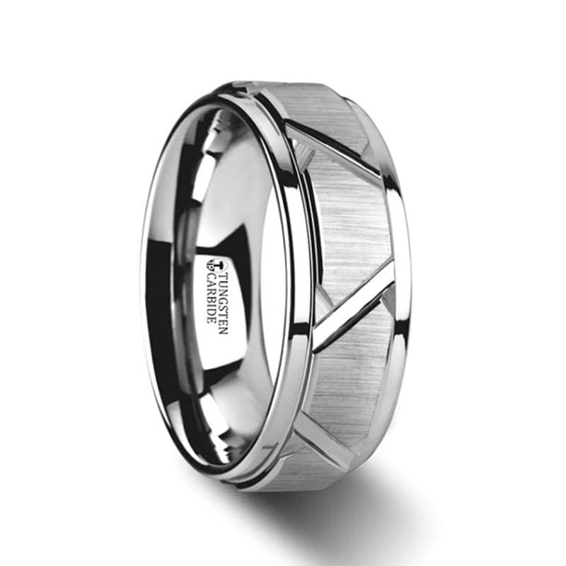 Vestige Tungsten Ring With Triangle Angle Grooves And Raised Center - Mens Rings