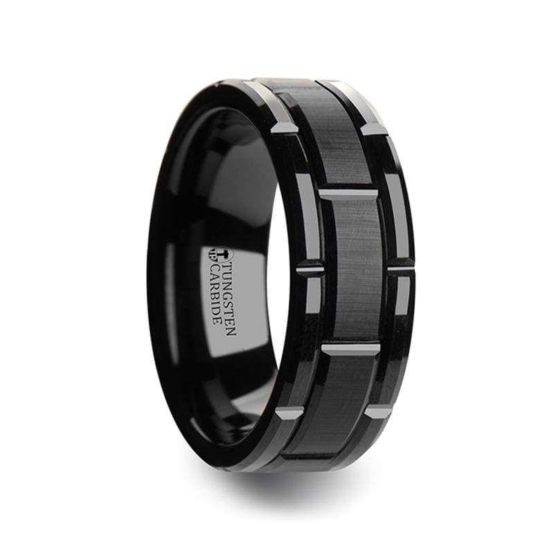 Windsor Beveled Black Tungsten Carbide Wedding Band With Brush Finished Center And Alternating Grooves - Mens Rings